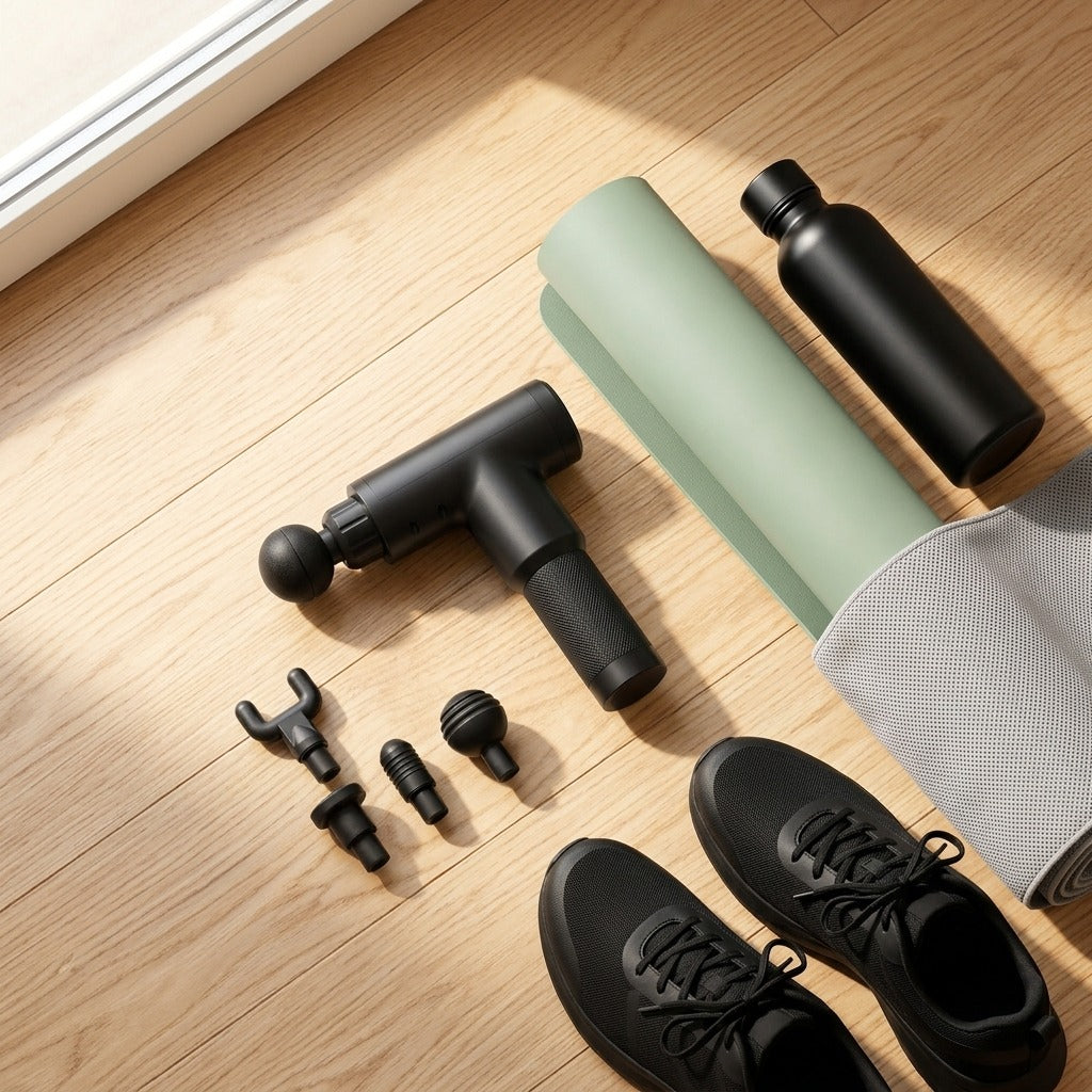 Mini massage gun with 4 heads next to workout gear