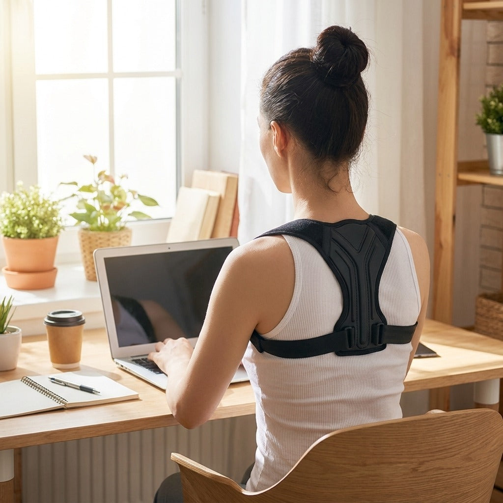 Woman wearing the posture corrector while working at her desk