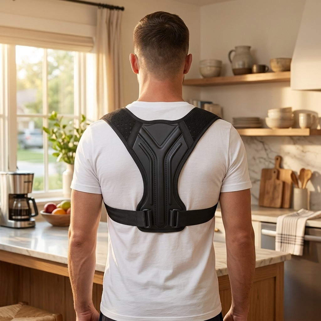 Man standing tall wearing the posture corrector at home